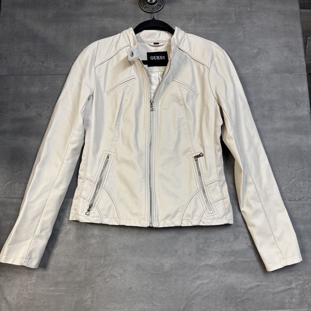 white GUESS faux-leather moto Bomber jacket Full zip Angle Pockets Large